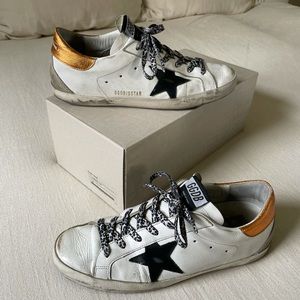 Golden Goose White Super-Star Sneakers With Black Star And Leopard-print Laces